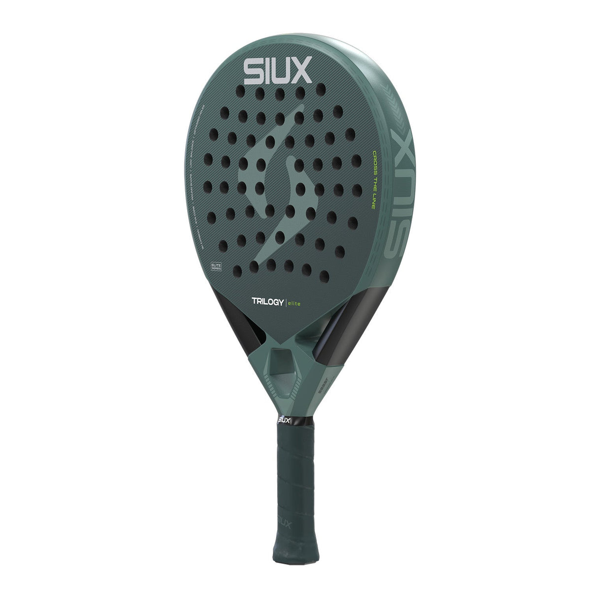 Siux Trilogy Elite 6 26 padelracket schuin vooraanzicht, rondvorm in groengrijs