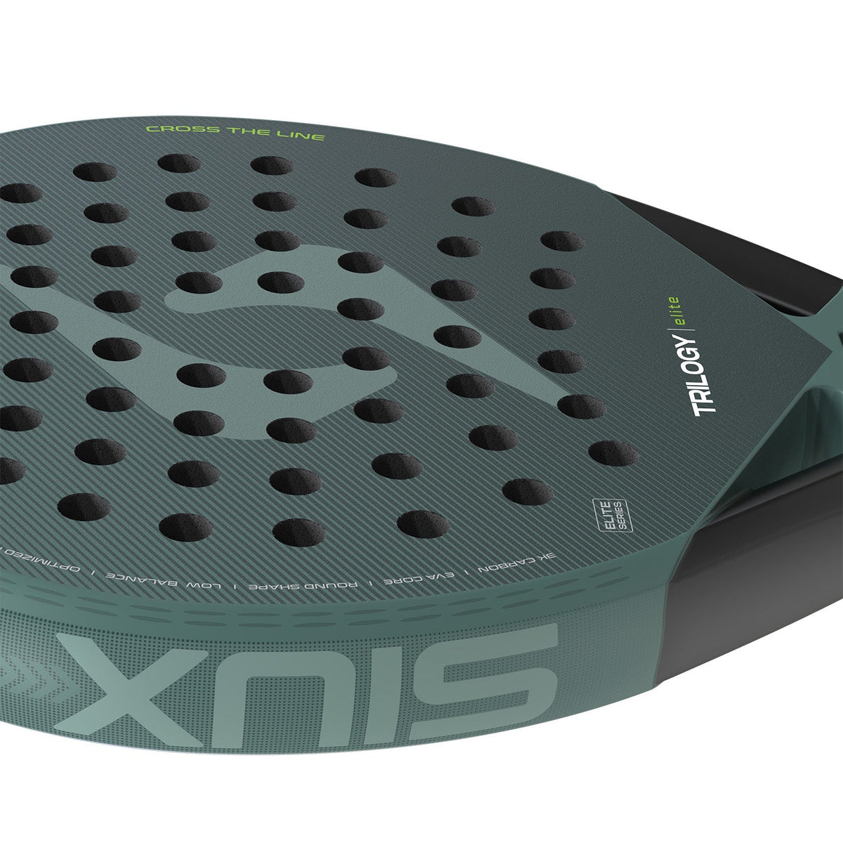 Detail van het groene slagvlak van het Siux Trilogy Elite 6 26 met SIUX op de rand