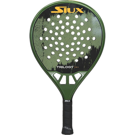 Siux Trilogy Go 5 padelracket in legergroen met oranje SIUX-logo, vooraanzicht
