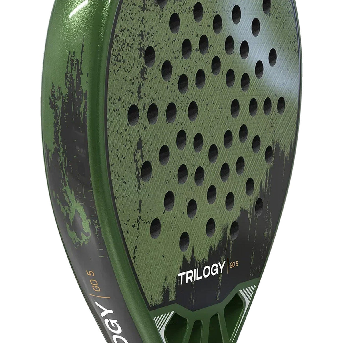 Detail van het groene slagvlak van het Siux Trilogy Go 5 met zwarte verfspatten