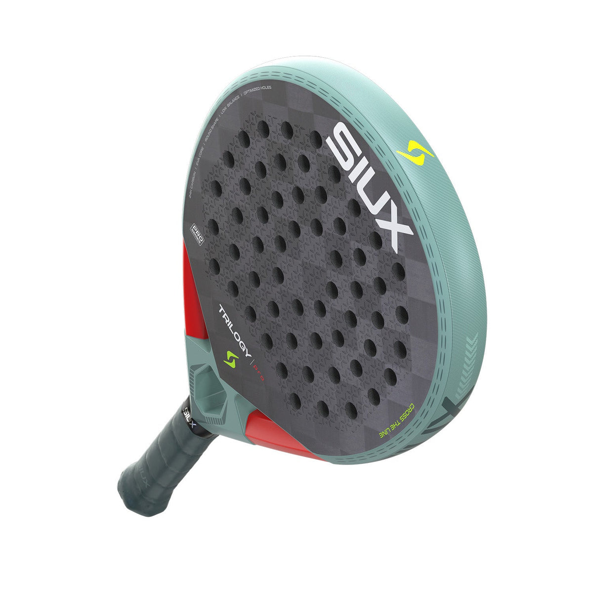 Siux Trilogy Pro 26 padelracket schuin van onderen met groene framerand in beeld