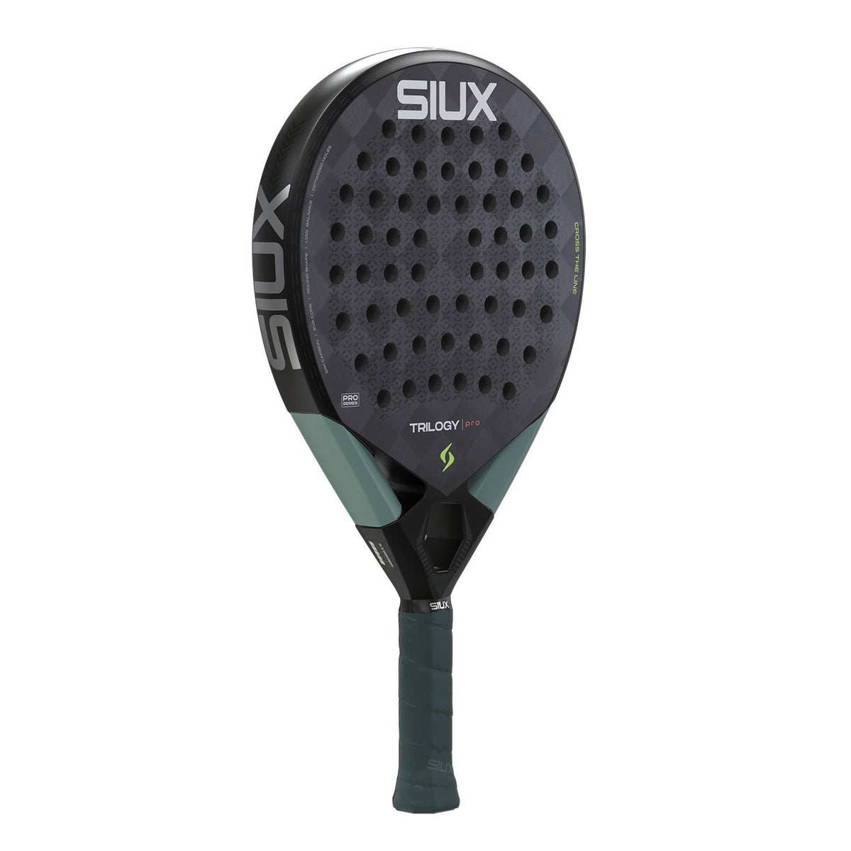 Zwarte Siux Trilogy Pro 26 padelracket licht gedraaid met wit SIUX-logo op het blad