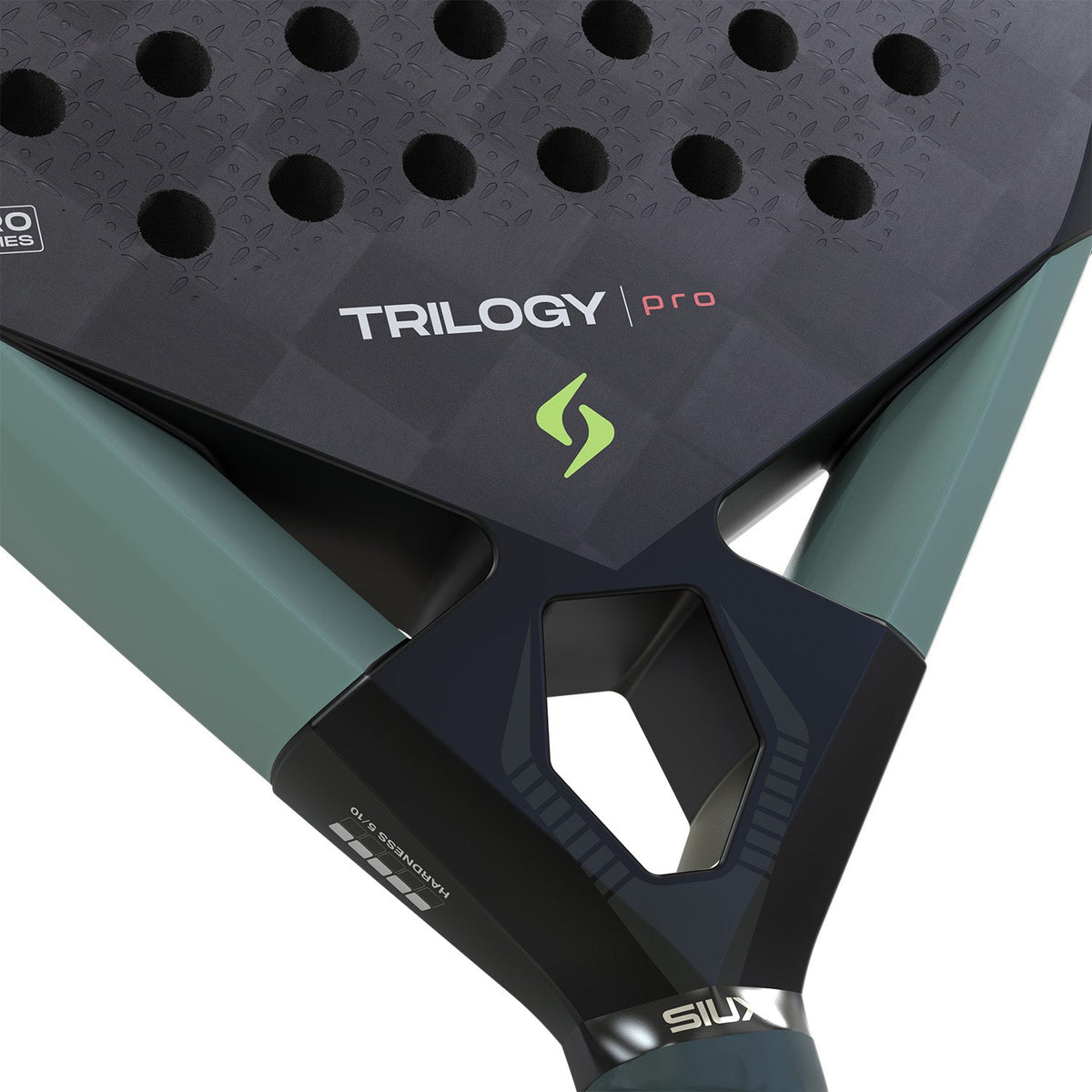 Detail van het hart van de zwarte Siux Trilogy Pro 26 met limoengroen logo