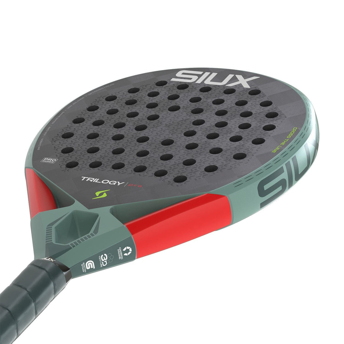 Liggend aanzicht van het Siux Trilogy Pro 26 met groene grip en rode framerand