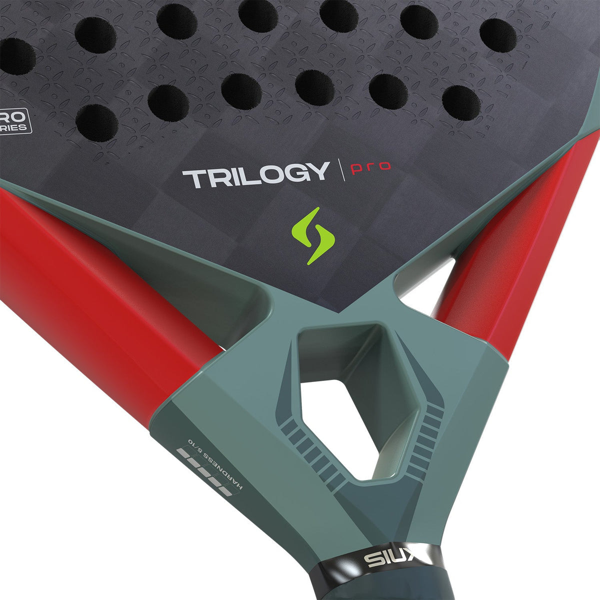 Detail van het hart van het Siux Trilogy Pro 26 met rode zijkanten en groen logo