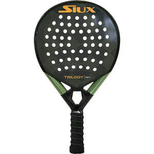 Siux Trilogy Pro 5 padelracket in zwart met groen en oranje logo, vooraanzicht