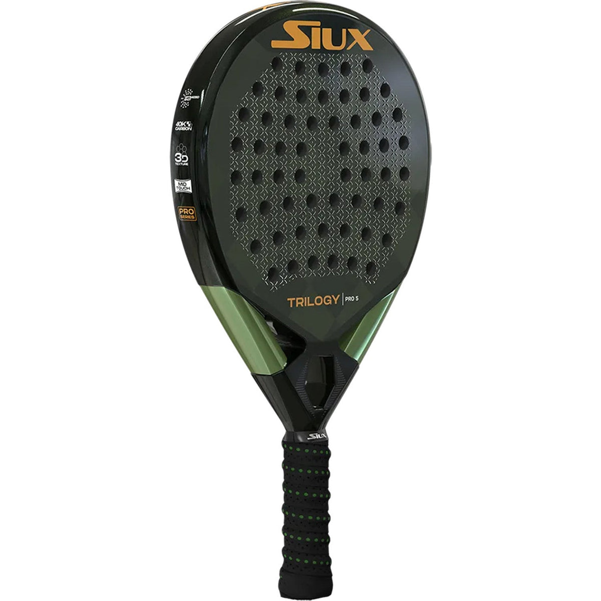 Siux Trilogy Pro 5 padelracket schuin vooraanzicht, rondvorm in zwart en groen