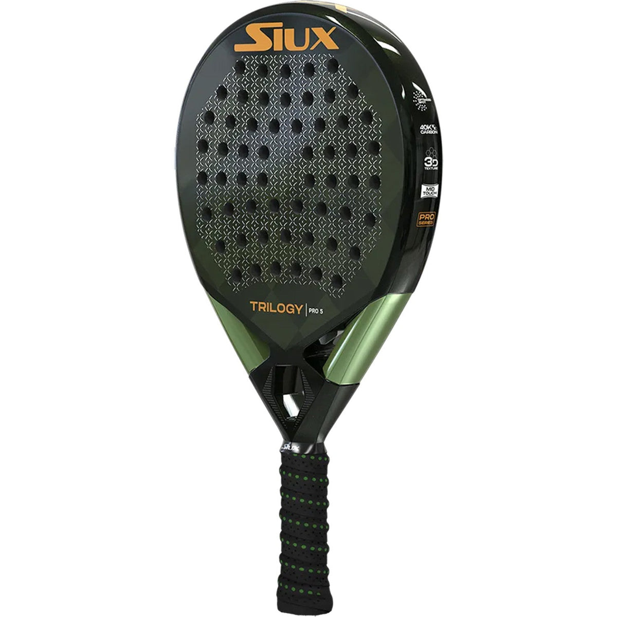 Siux Trilogy Pro 5 padelracket iets gekanteld met zwart slagvlak en groene rand