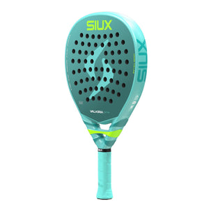 Siux Valkiria Elite 2 damesracket schuin vooraanzicht, druppelvorm in turquoise