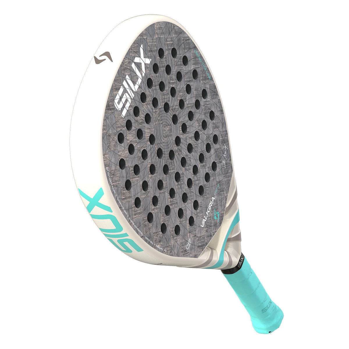 Achterzijde van het Siux Valkiria Pro 26 damesracket in gebroken wit met turquoise