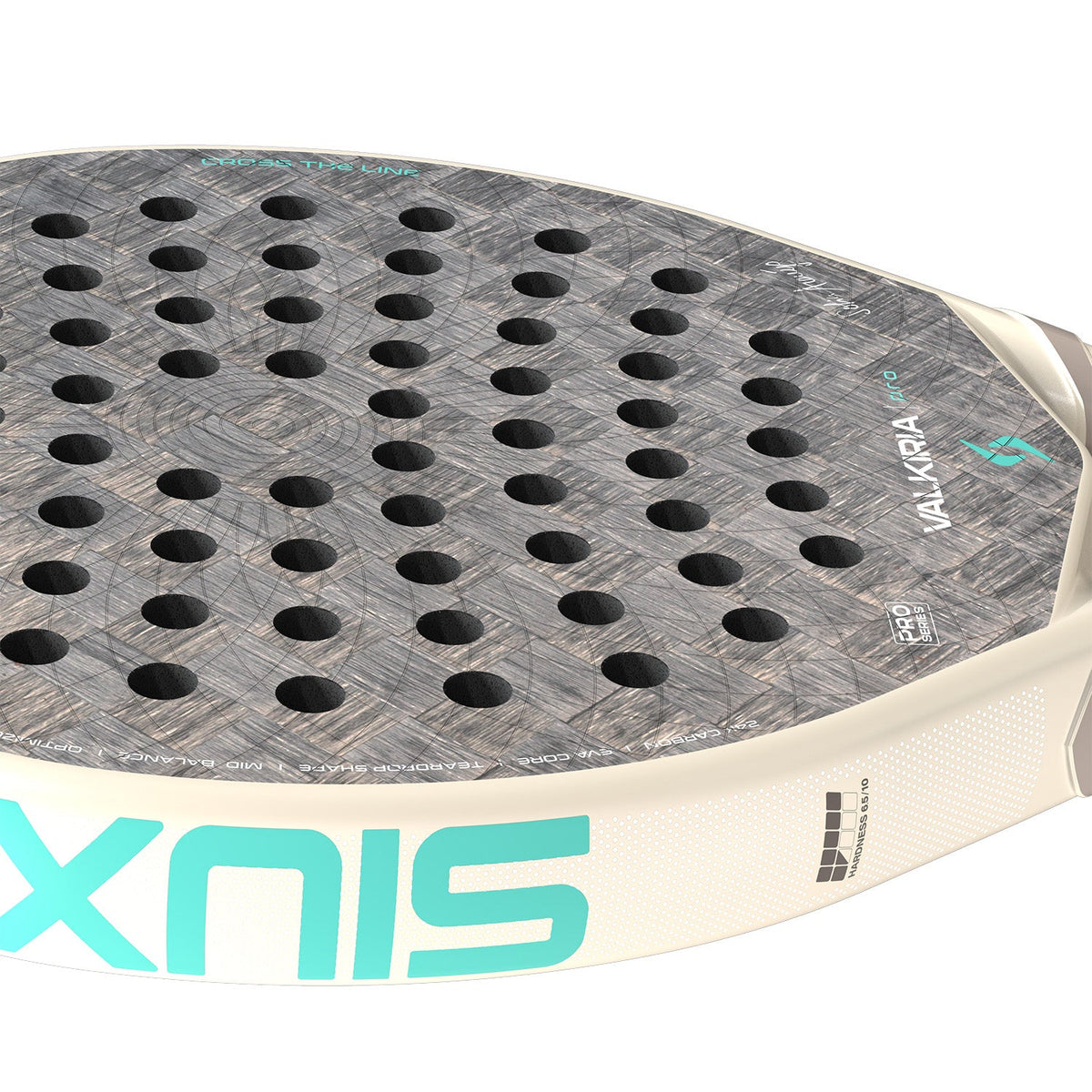 Detail van het grijze slagvlak van het Siux Valkiria Pro 26 met SIUX in turquoise