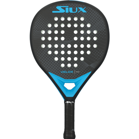 Siux Velox Flex Blue padelracket in zwart met blauw SIUX-logo, vooraanzicht