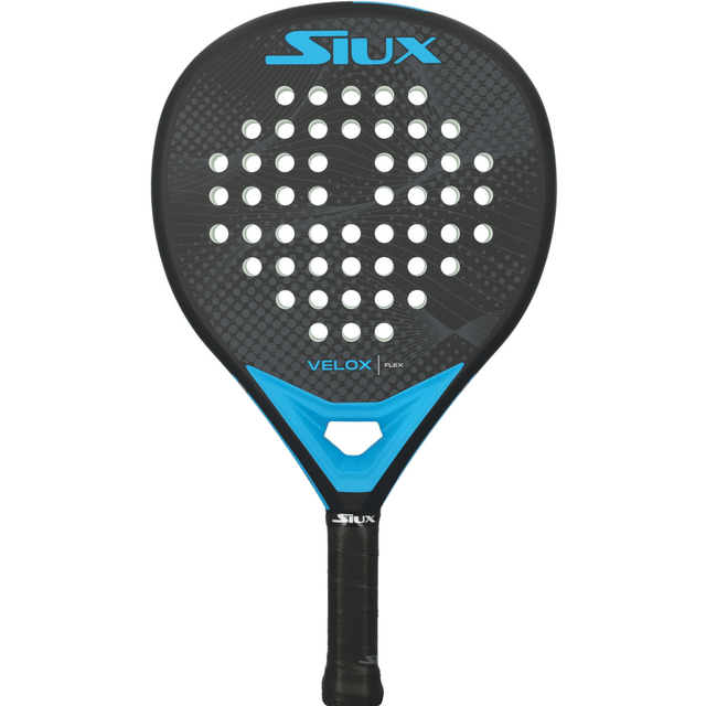 Siux Velox Flex Blue padelracket in zwart met blauw SIUX-logo, vooraanzicht