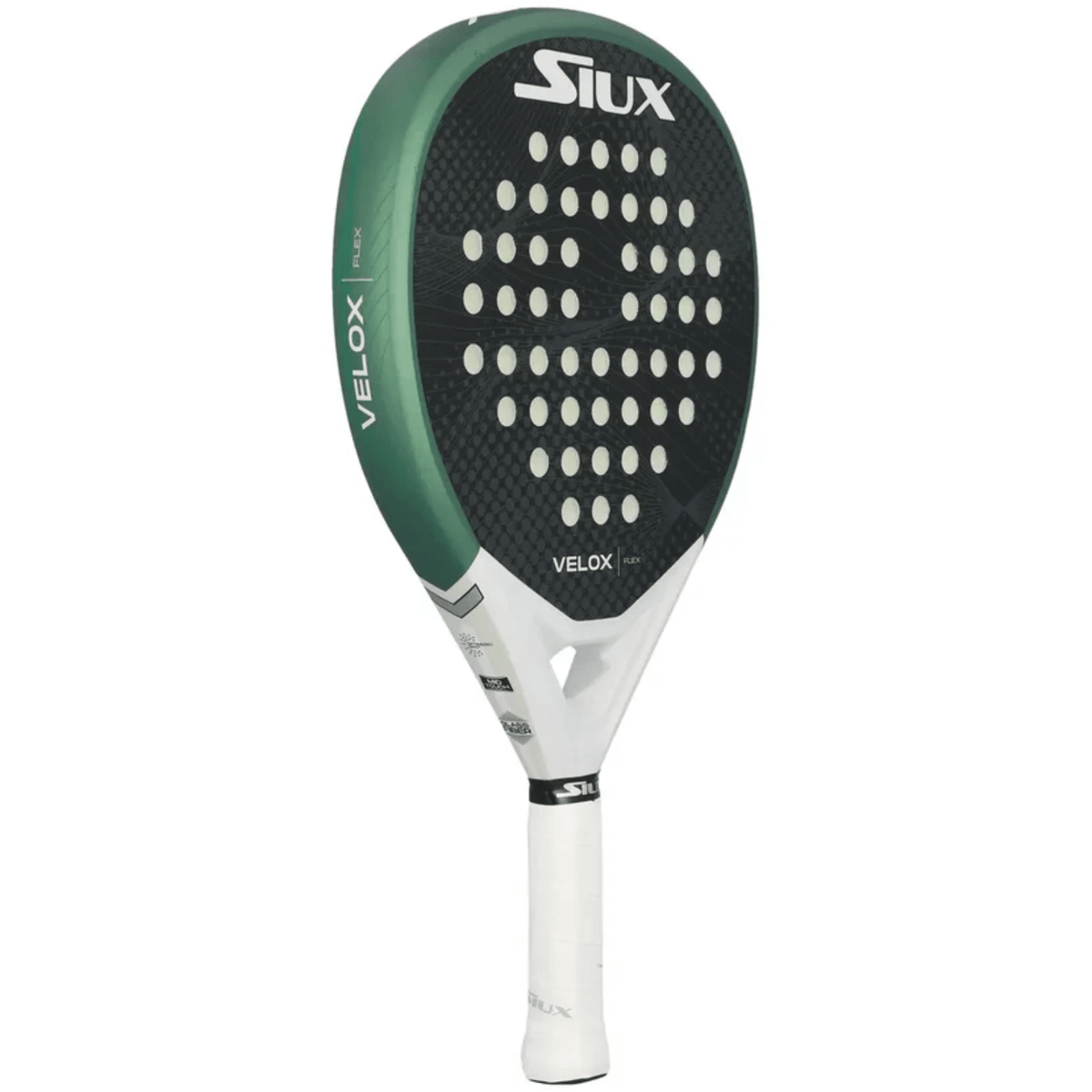 Siux Velox Flex Green padelracket schuin vooraanzicht, druppelvorm in groen en wit