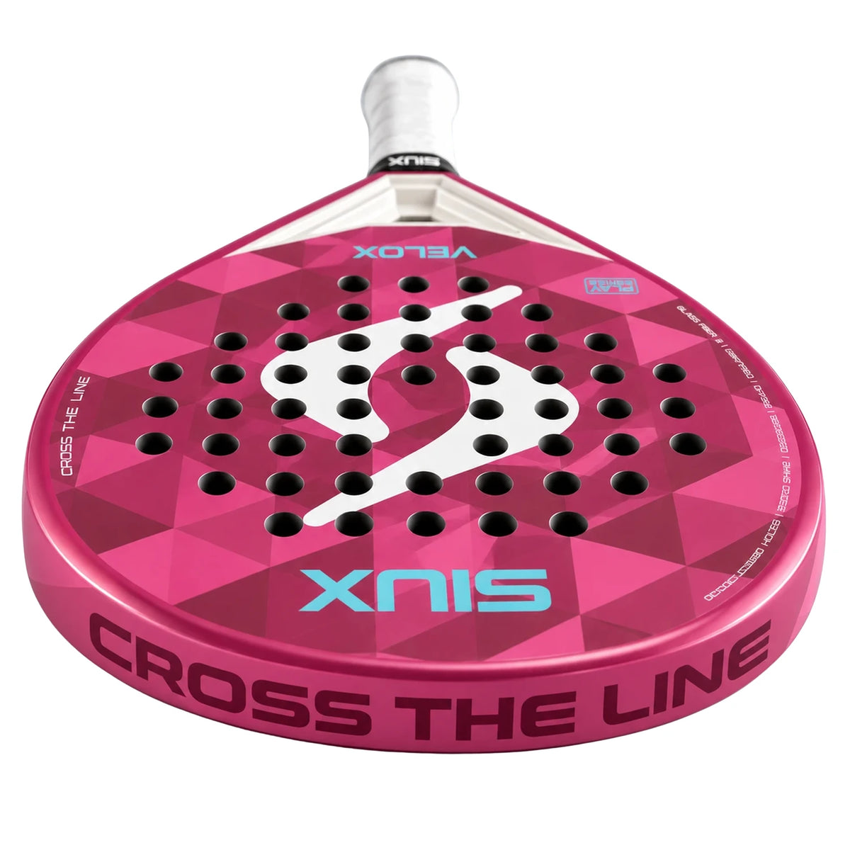Siux Velox Pink 2026 padelracket liggend, met Cross the Line op het frame