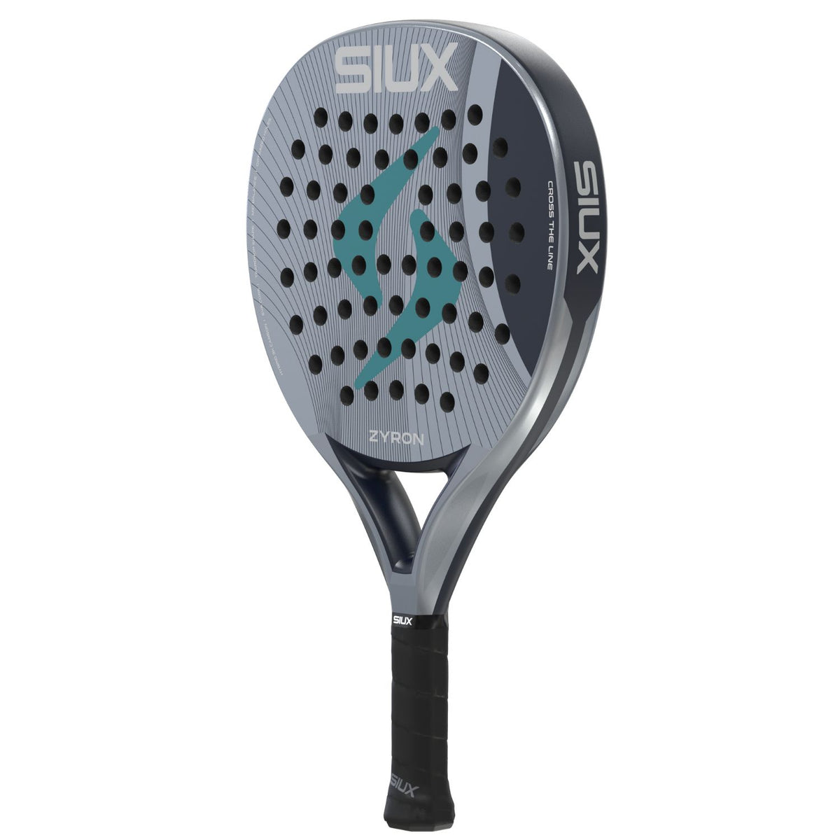 Siux Zyron 3K Blue 2026 padelracket schuin vooraanzicht, druppelvorm in grijs
