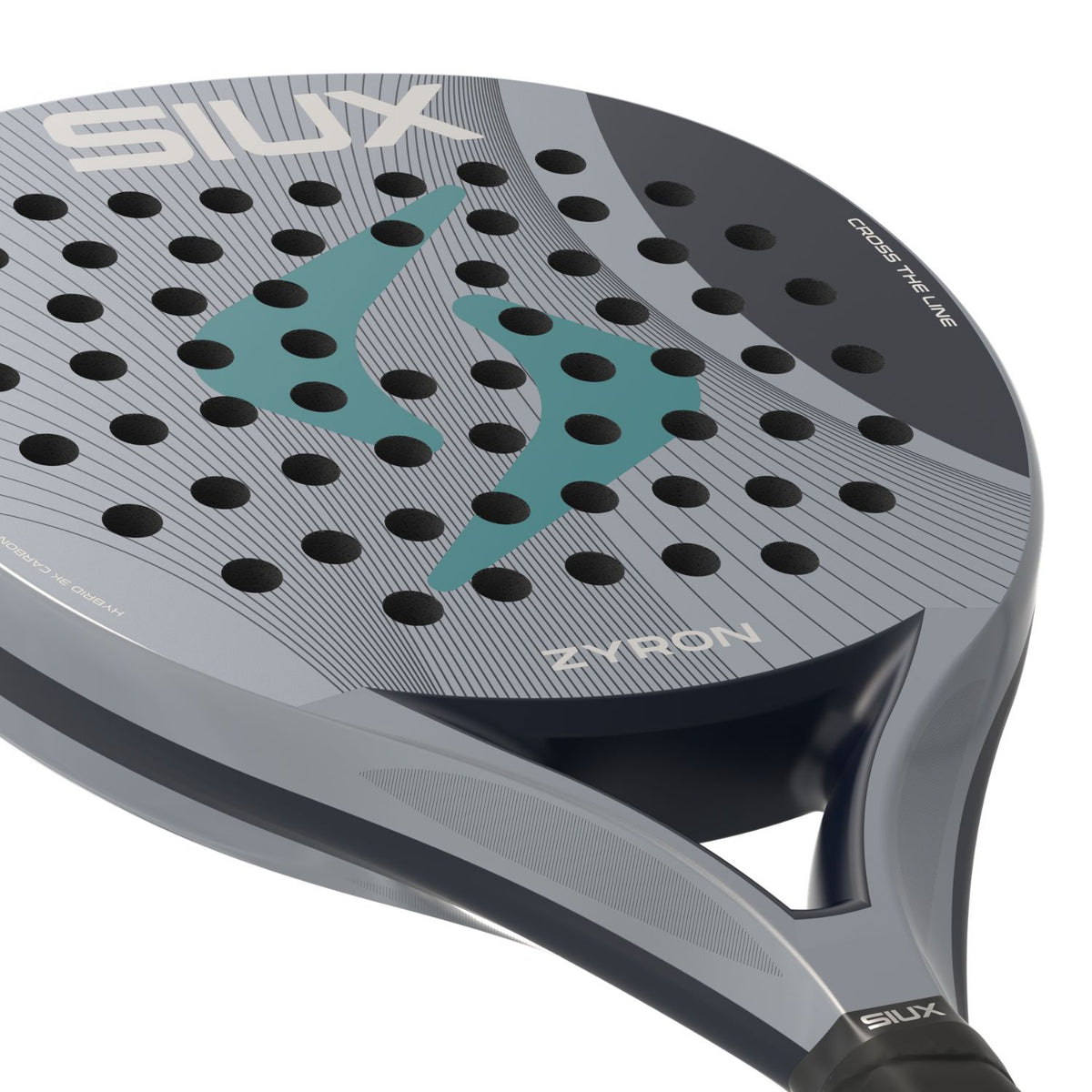 Close-up van het slagvlak van de Siux Zyron 3K Blue 2026 met turquoise logo