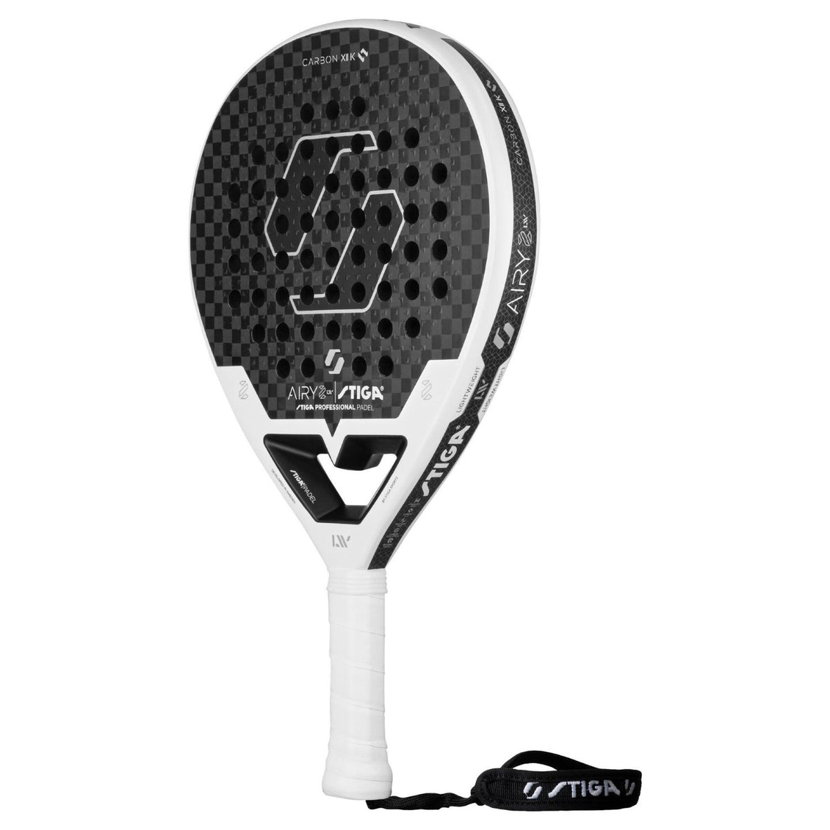 Stiga Airy 2 padelracket schuin vooraanzicht, ronde vorm in zwart met wit