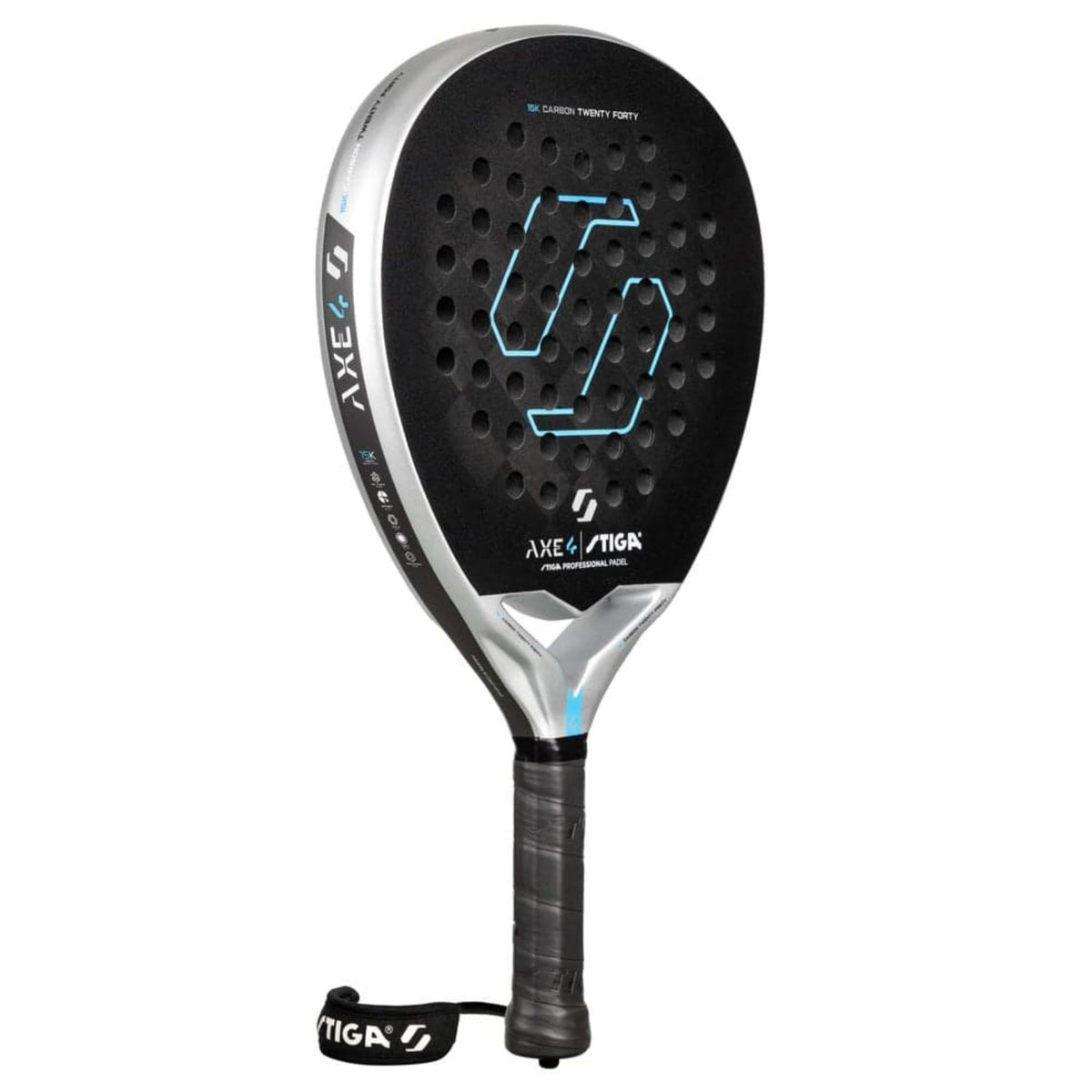 Stiga Axe 4 padelracket schuin vooraanzicht, hybride vorm in zwart met zilver