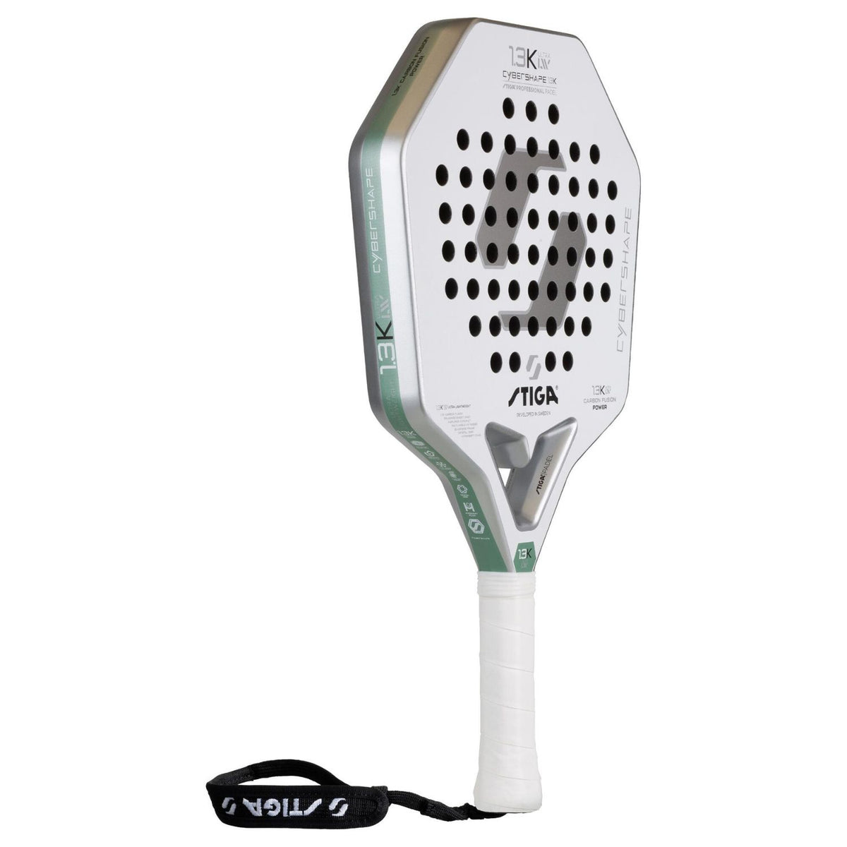 Stiga Cybershape 1.3K Ultra LW schuin van opzij met wit slagvlak en groene bies