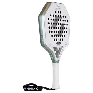 Stiga Cybershape 1.3K Ultra LW schuin van opzij met wit slagvlak en groene bies