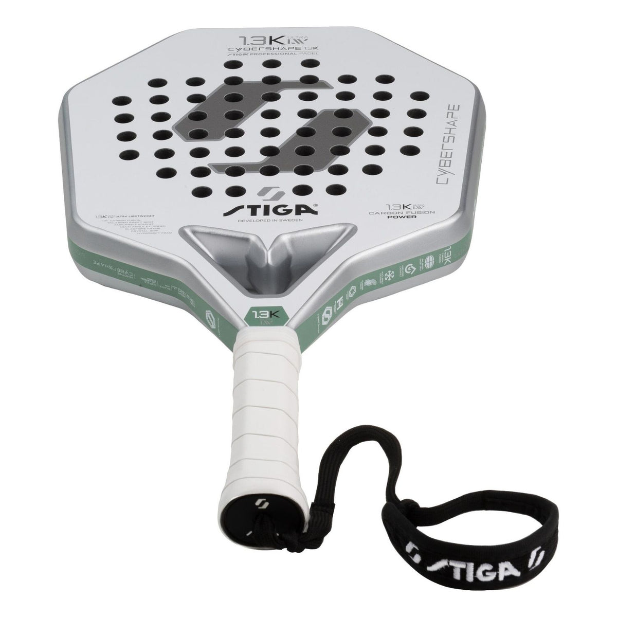 Stiga Cybershape 1.3K Ultra LW liggend met witte grip en zwarte STIGA-polsband