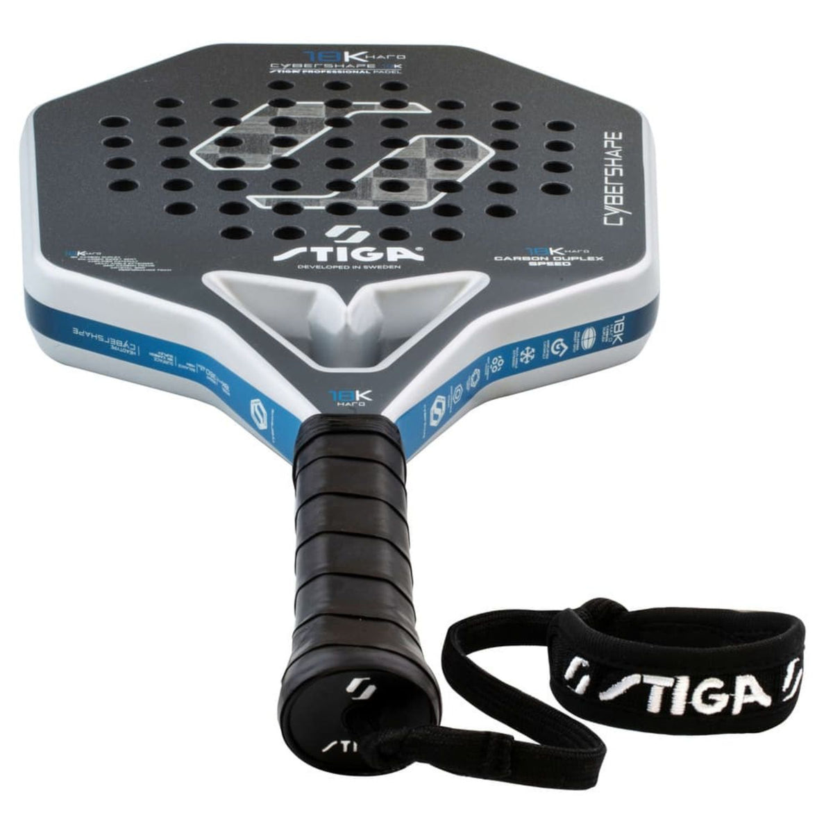 Stiga Cybershape 18K Hard 2 schuin bovenaanzicht met zwarte grip en STIGA-polsband
