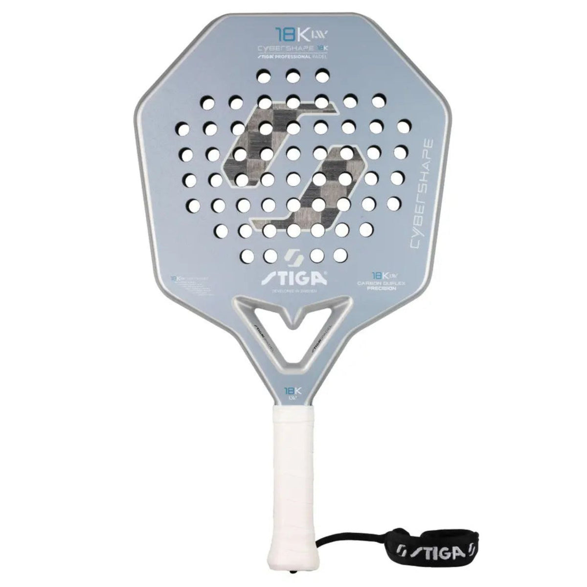 Stiga Cybershape 18K LW2 padelracket in ijsblauw met hoekige kop, vooraanzicht
