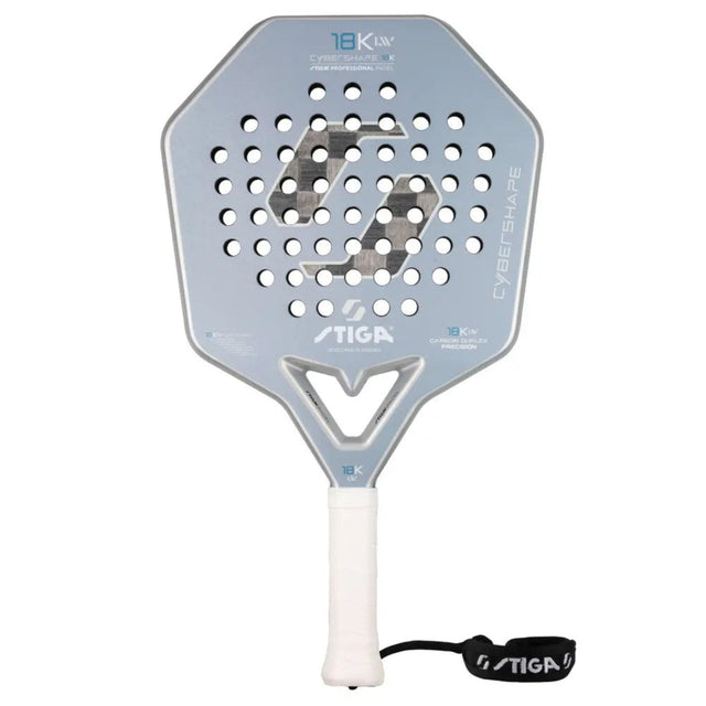 Stiga Cybershape 18K LW2 padelracket in ijsblauw met hoekige kop, vooraanzicht