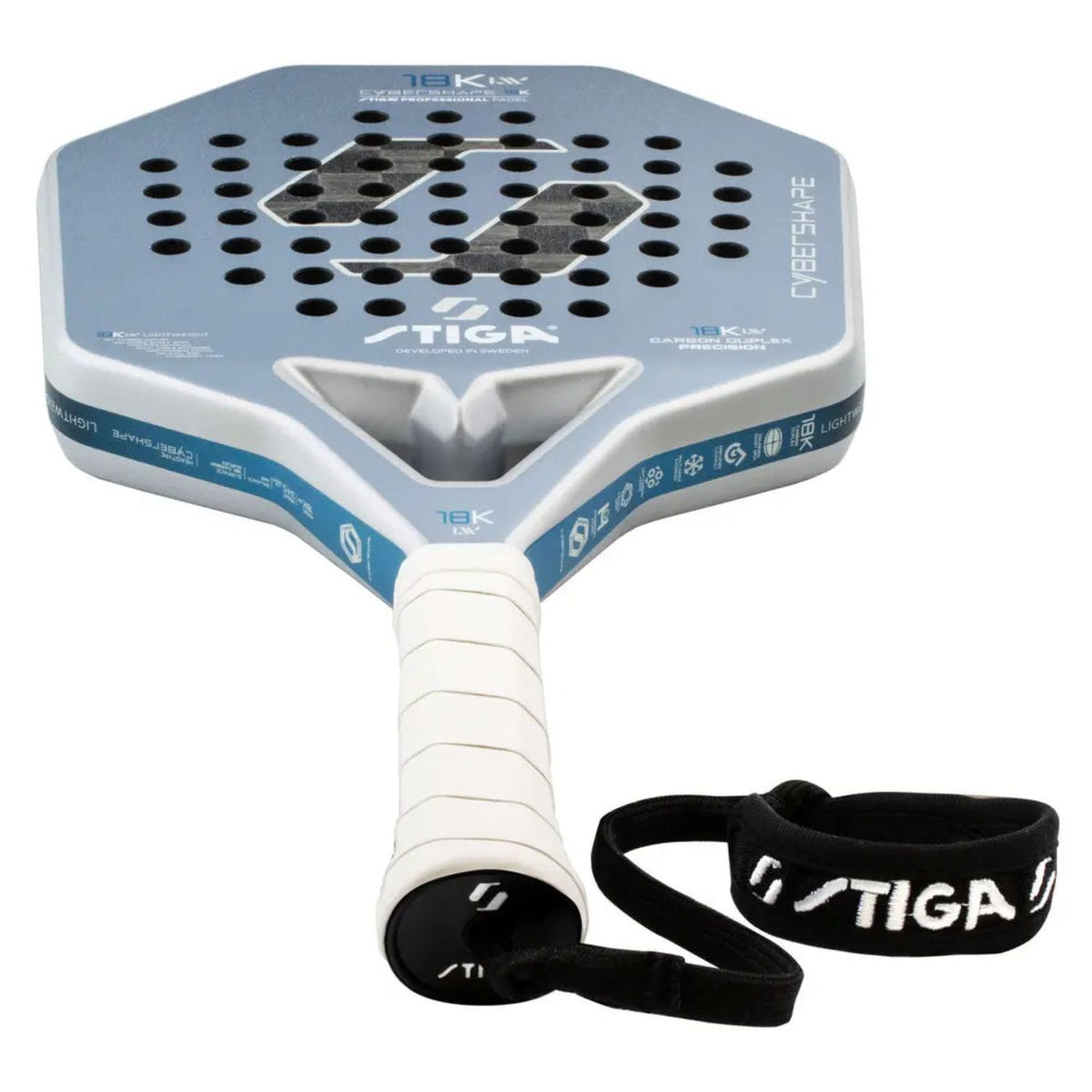 Stiga Cybershape 18K LW2 schuin bovenaanzicht met witte grip en STIGA-polsband
