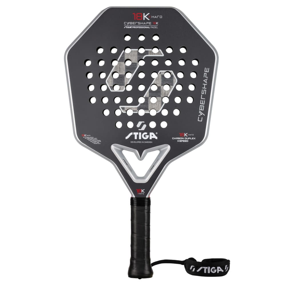 Stiga Cybershape 18K X Hard padelracket in donkergrijs met hoekige kop, vooraanzicht