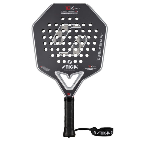 Stiga Cybershape 18K X Hard padelracket in donkergrijs met hoekige kop, vooraanzicht