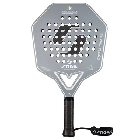 Stiga Cybershape 3K 2 padelracket in zilvergrijs met hoekige kop, vooraanzicht