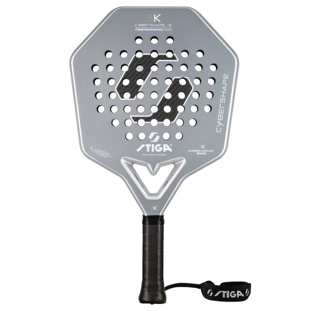 Stiga Cybershape 3K 2 padelracket in zilvergrijs met hoekige kop, vooraanzicht