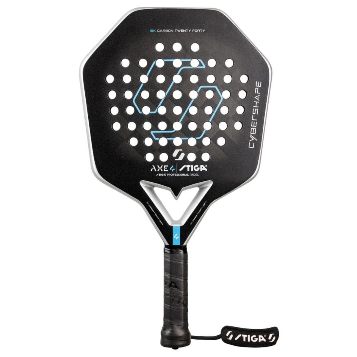 Stiga Cybershape Axe 4 padelracket in zwart met lichtblauw zeshoeklogo, vooraanzicht