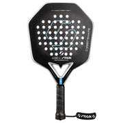 Stiga Cybershape Axe 4 padelracket in zwart met lichtblauw zeshoeklogo, vooraanzicht