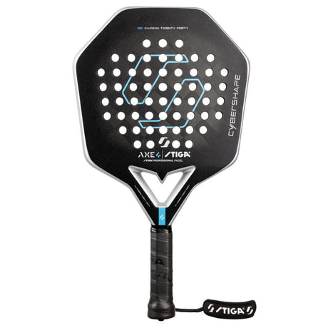 Stiga Cybershape Axe 4 padelracket in zwart met lichtblauw zeshoeklogo, vooraanzicht