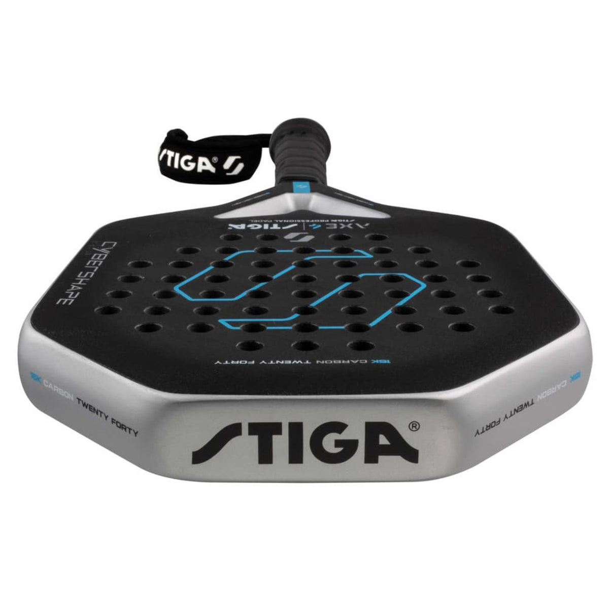 Bovenaanzicht van de Stiga Cybershape Axe 4 met STIGA-logo op de zilveren framerand