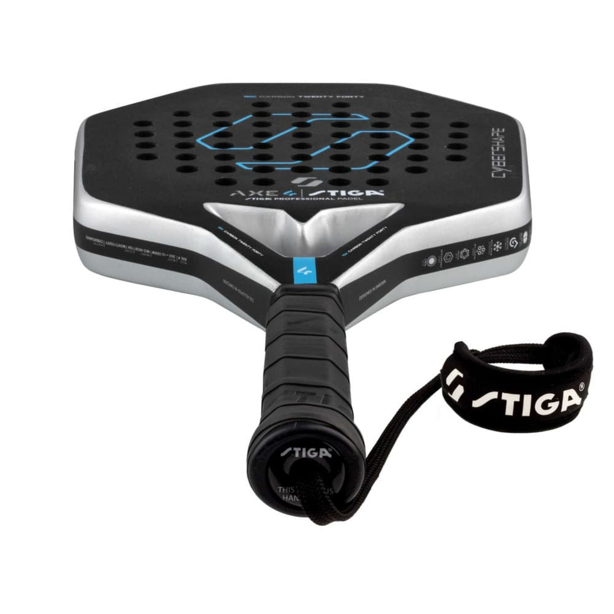 Stiga Cybershape Axe 4 schuin bovenaanzicht met zwarte grip en STIGA-polsband