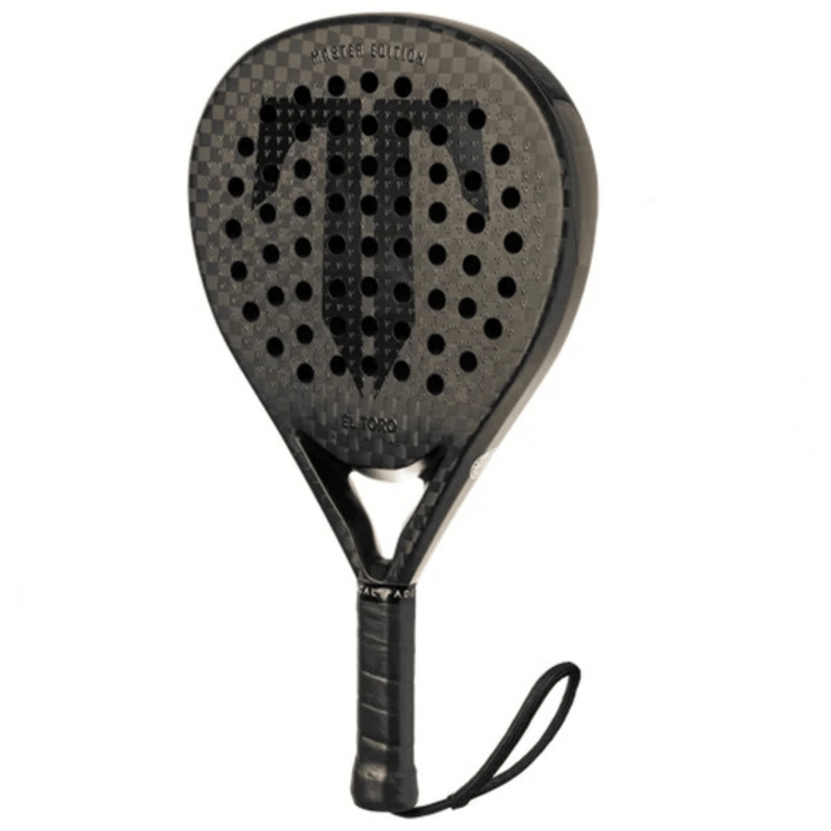 Close-up van het zwarte slagvlak van het Tactical El Toro Master Edition racket
