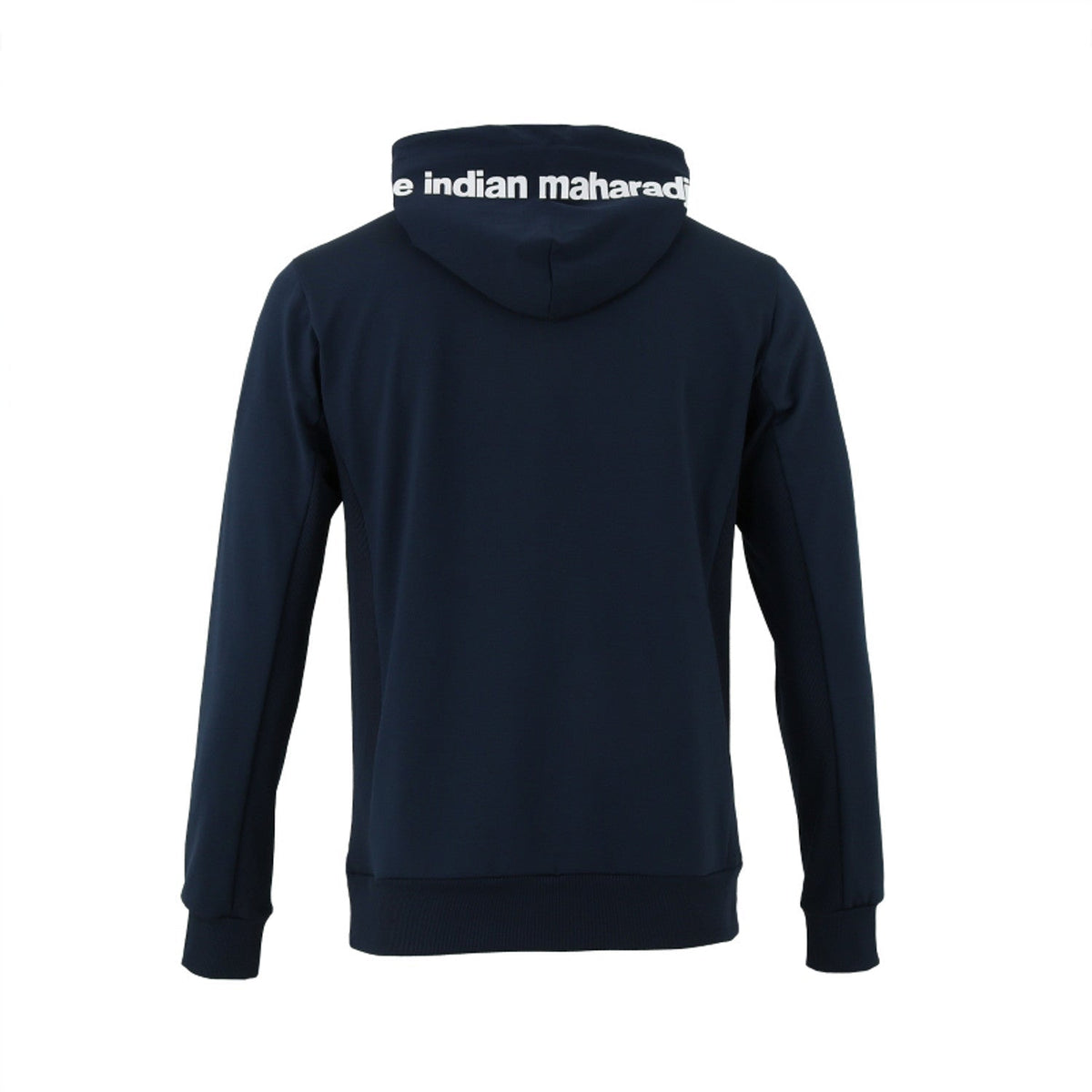 Indian Maharadja Men Hooded Jacket Navy, achterzijde met witte merknaam op de capuchon
