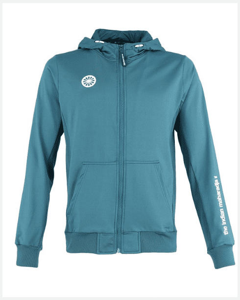 Indian Maharadja Kadiri capuchonjack voor heren in turquoise, vooraanzicht met rits