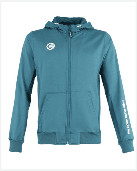 Indian Maharadja Kadiri capuchonjack voor heren in turquoise, vooraanzicht met rits