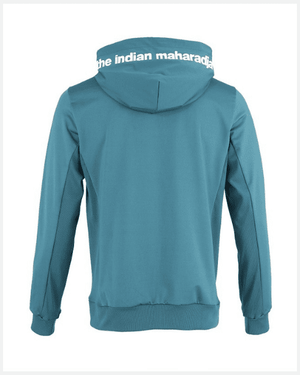 Indian Maharadja Men Hooded Jacket Teal, achterzijde met merknaam op de capuchon
