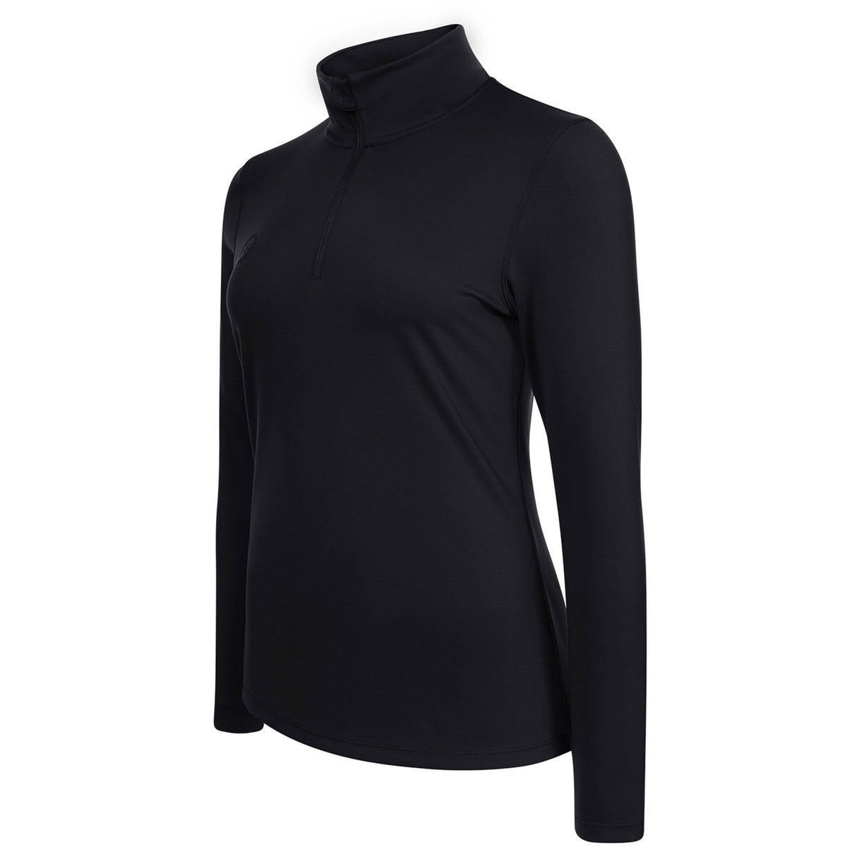 Zijaanzicht van de zwarte Performance halfzip met opstaande kraag