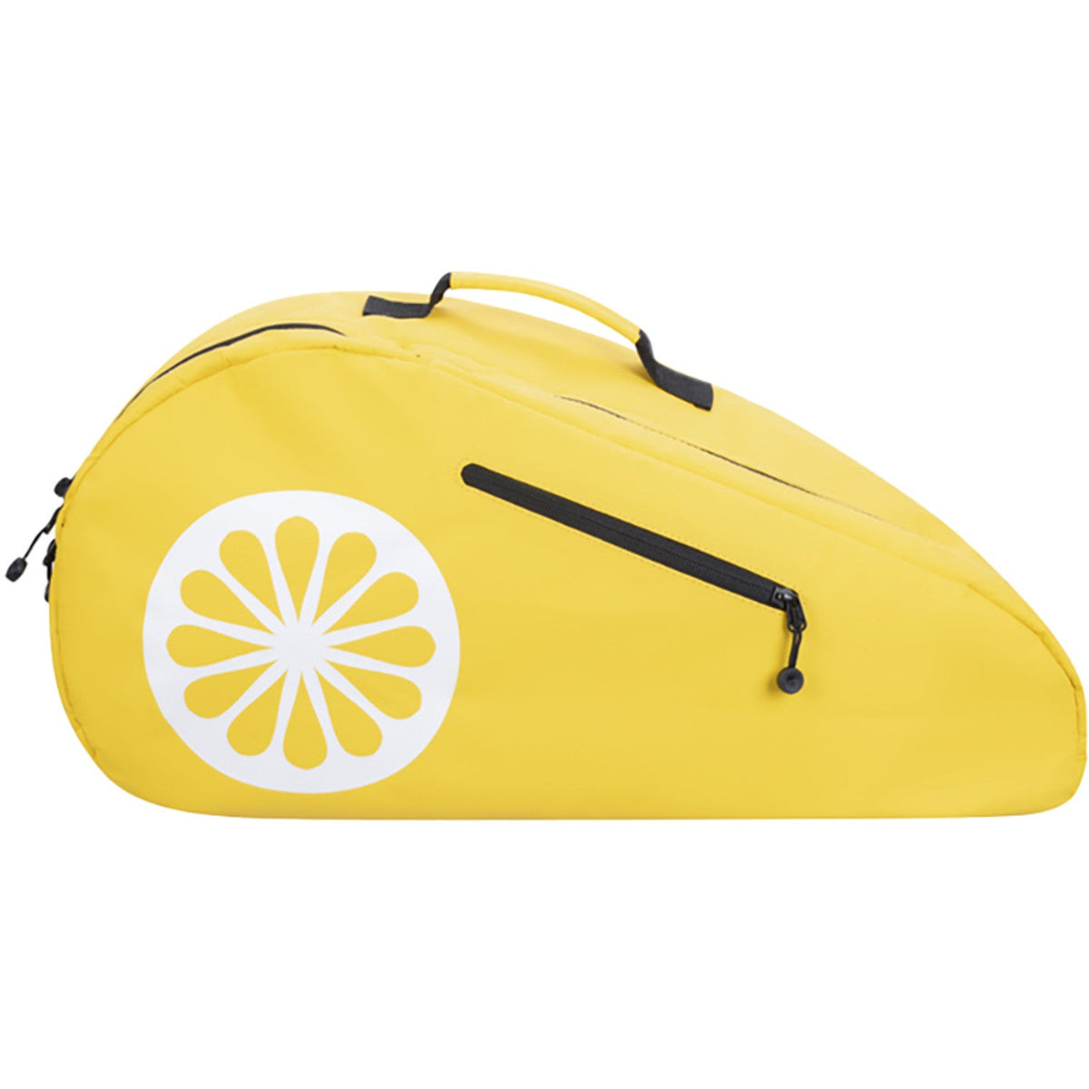 Zijaanzicht van de gele The Indian Maharadja racketbag met wit bloemlogo en zwarte rits