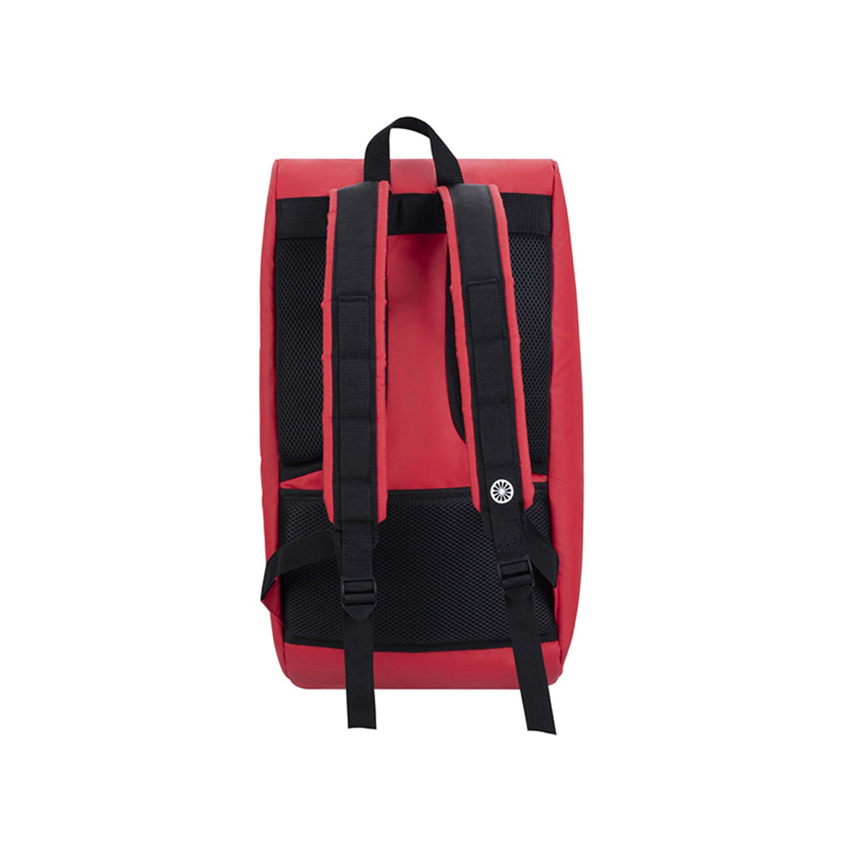 Achterzijde van de rode racketbag van The Indian Maharadja met twee zwarte rugbanden