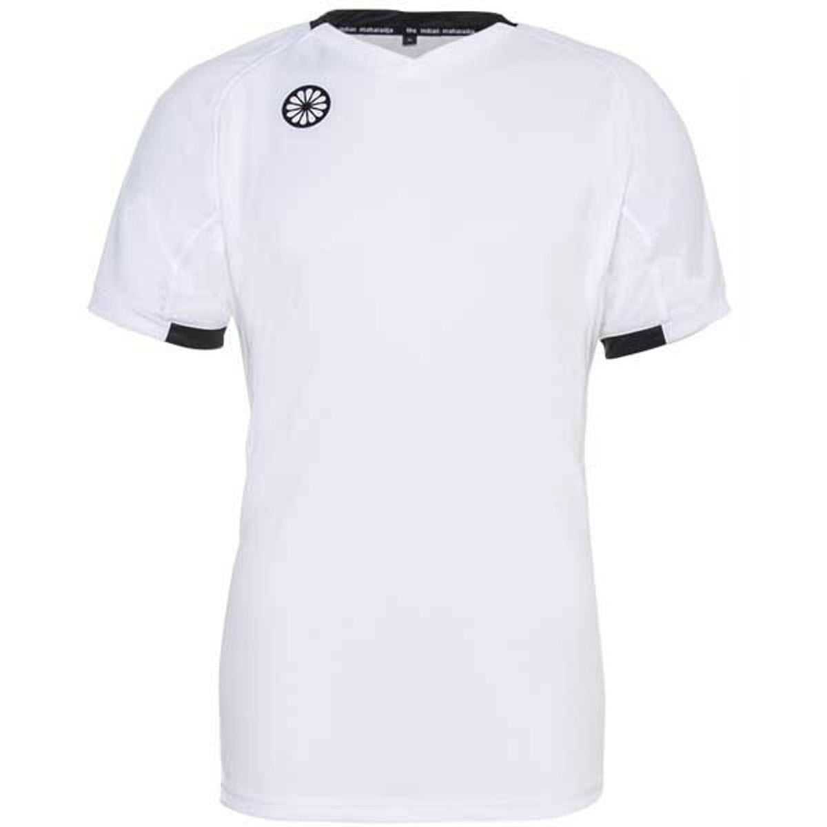 Vooraanzicht van het witte Indian Maharadja Tech Tee jongensshirt met zwarte kraag en logo
