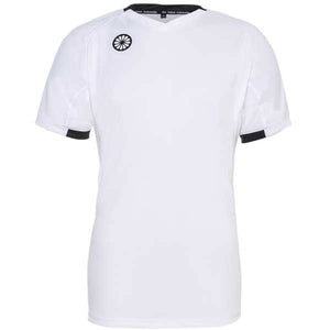 Vooraanzicht van het witte Indian Maharadja Tech Tee jongensshirt met zwarte kraag en logo