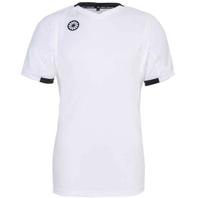Vooraanzicht van het witte Indian Maharadja Tech Tee jongensshirt met zwarte kraag en logo